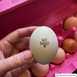 a pink paper pulp flat top carton with eggs inside