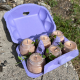 A light purple pulp 6-egg carton with mini candles in the cells. Carton is sitting on a rock with grass in the background.