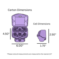 digital rendering of 6-egg purple carton dimensions