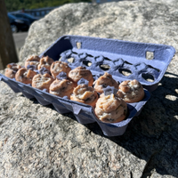 A blue pulp egg carton, pastry packaging, with blueberry mini muffins in it.  Carton is sitting on a rock.