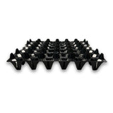 Side view of a black plastic 30-cell egg tray
