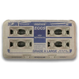 18-Egg Paper Egg Carton, labeled, grade A, eighteen eggs, natural carton with viewing holes