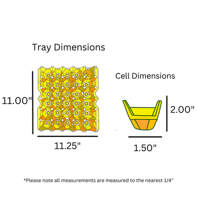 Egg Tray Filler Flat digital rendering, yellow plastic egg tray dimensions