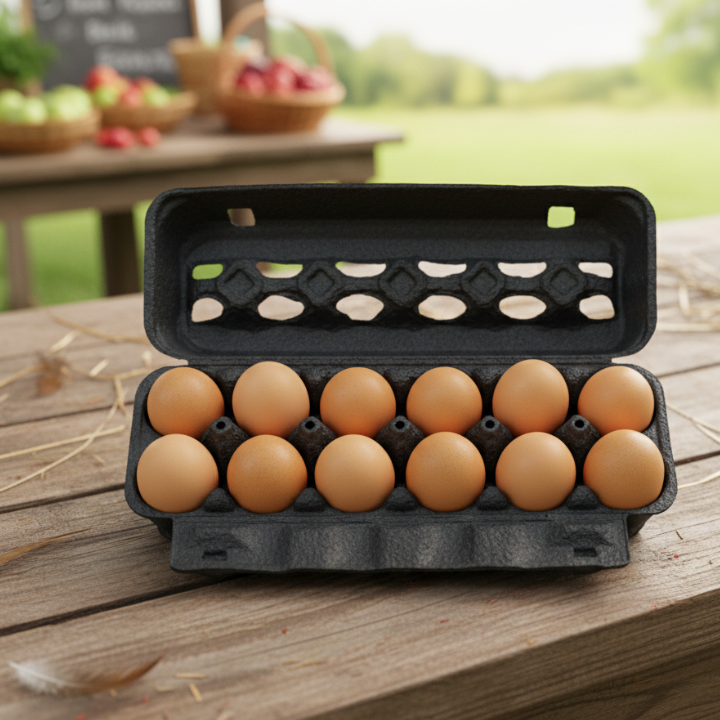 A black carton of eggs at a farm stand