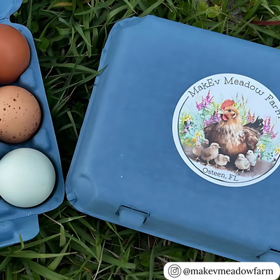 Blue vintage 12-cell egg cartons with custom label, bulk pricing available