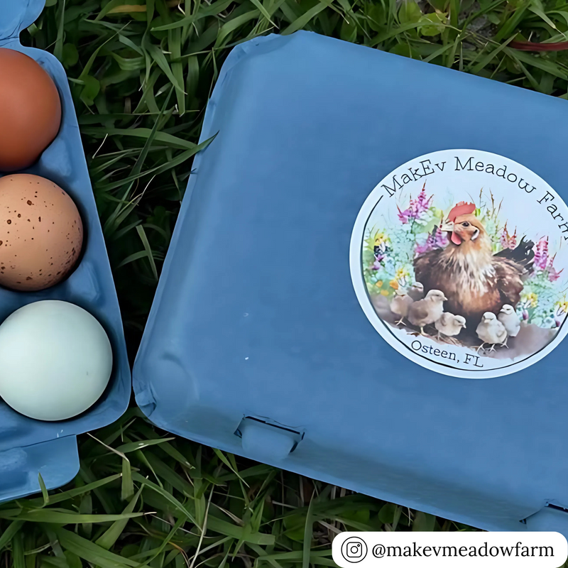 Blue vintage 12-cell egg cartons with custom label, bulk pricing available