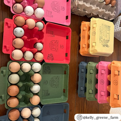 Yellow, orange, green, pink, blue and red  colored mixed vintage 12-egg pulp cartons