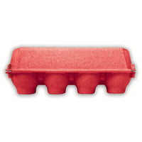 Back view of a red pulp vintage egg carton 