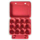 Open view of a 4x3 cell 12-egg vintage carton. Bright red paper pulp material