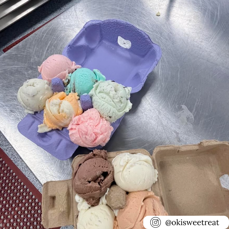 6-egg purple carton and a 4-egg natural pulp carton used for ice cream flights, commercial dessert packaging