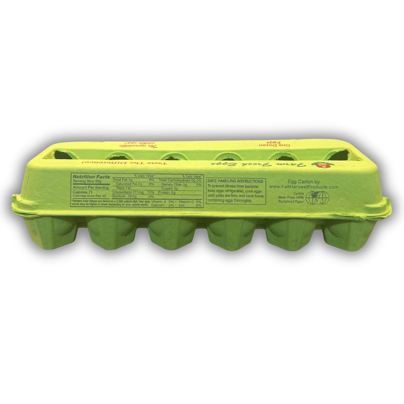 Back view of a brightly colored lime green unique egg carton with printing