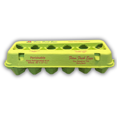 Front view bright green egg carton with 'Farm Fresh Eggs' branding on a white background