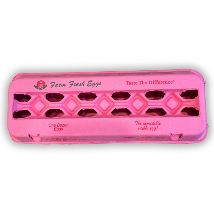 Top view of a 12-cell pink pulp printed egg carton, wholesale pricing. MAIN