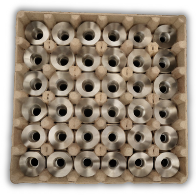 Egg Tray Filler Flat Natural paper pulp tray with 36 cells filled with small machined parts