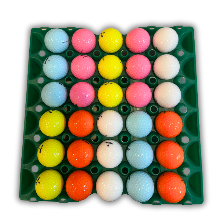 Egg Tray Filler Flat 30-Cell Stackable Green filled with golf balls