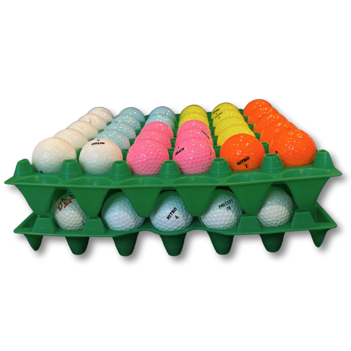 Egg Tray Filler Flat 30-Cell Stackable Green filled with golf balls stacked