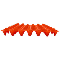Side view of an orange plastic stackable tray