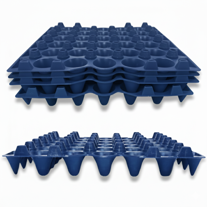 Stack of blue plastic egg filler flat trays bulk quantities and pricing, free shipping
