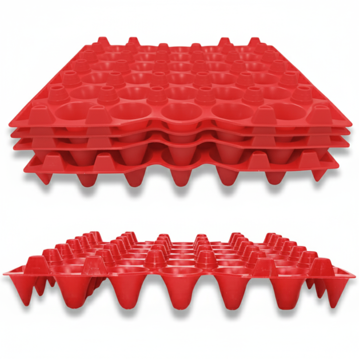 Stackable red 30-cell filler flat, plastic washable and reusable for eggs and machine shop trays
