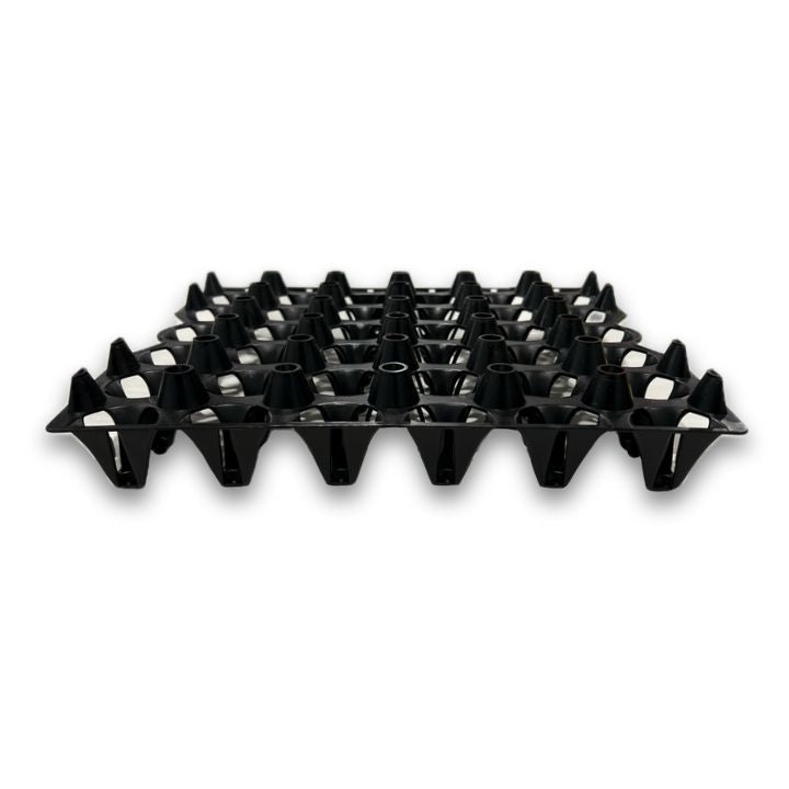 Egg Tray Filler Flat Side view of a black plastic 30-cell egg tray