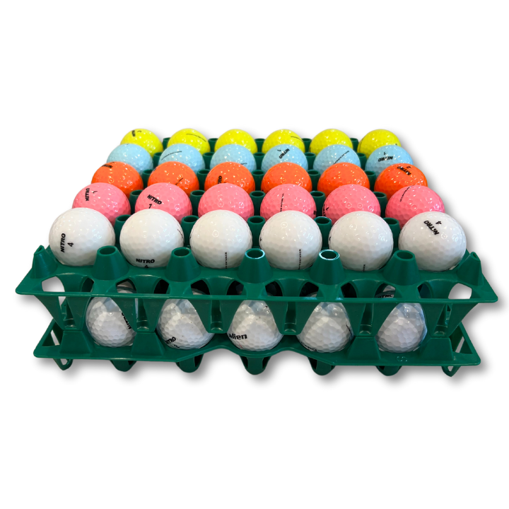 Egg Tray Filler Flat 30-Cell Washable Green filled with golfballs stacked
