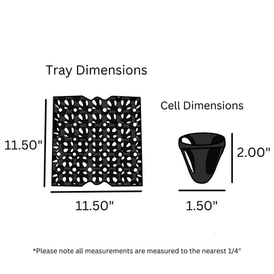 Egg Tray Filler Flat digital rendering of the 30-cell washable black tray dimensions