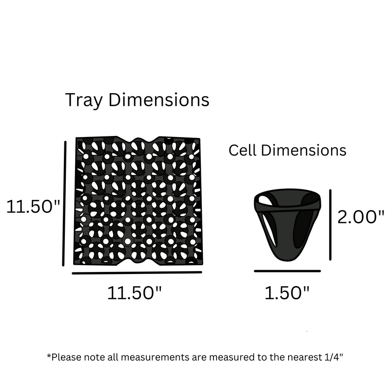 Egg Tray Filler Flat digital rendering of the 30-cell washable black tray dimensions