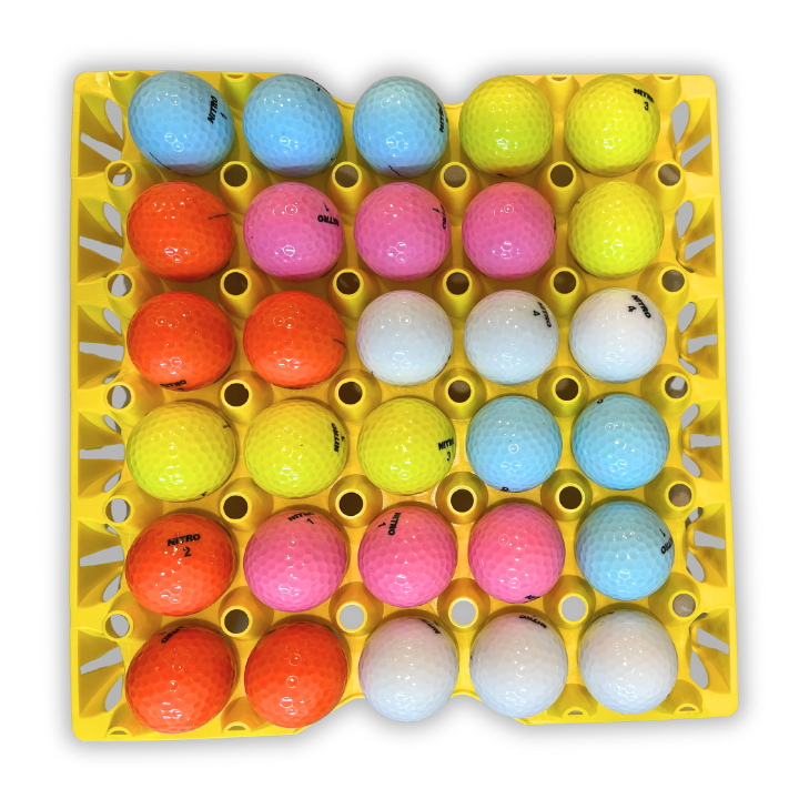 Egg Tray Filler Flat 30-Cell Washable Yellow filled with golf balls