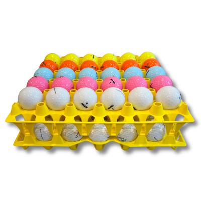 Egg Tray Filler Flat 30-Cell Washable Yellow filled with golf balls stacked