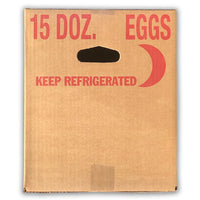Labeled cardboard box, red writing, for 15 dozen chicken egg shipping