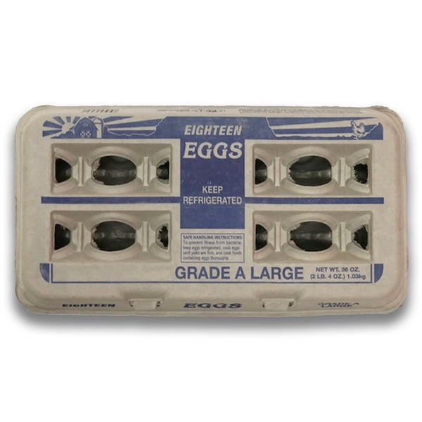 18-Egg Paper Egg Carton, labeled, grade A, eighteen eggs, natural carton with viewing holes
