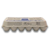 closed natural egg carton, rear view carton, eggs, printed, labeled, grade A large, pulp