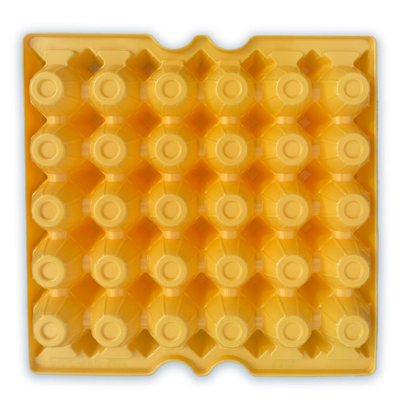 Egg Tray Filler Flat Bottom view, yellow 30 cell plastic washable, reusable egg tray 