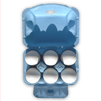 open view of light blue egg cartons, holds 6 eggs